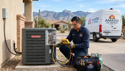 Professional AC repair technician servicing air conditioner unit in Tucson AZ