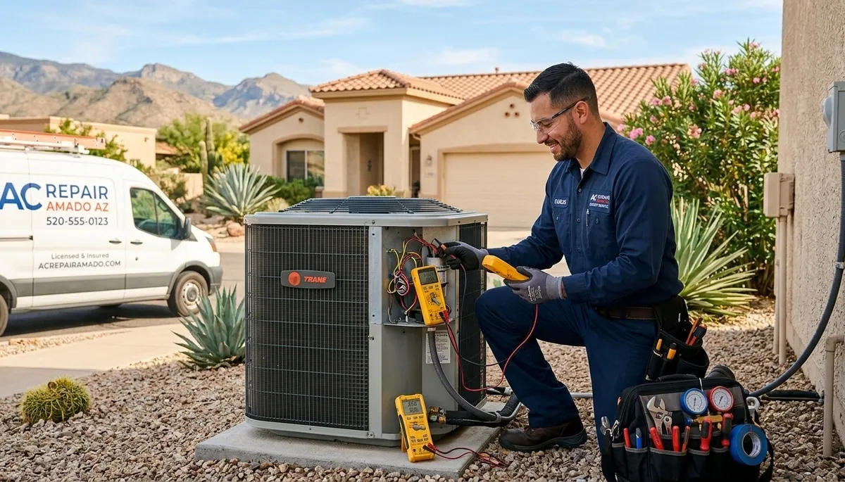 Professional AC repair service in Tucson AZ fixing residential air conditioning unit