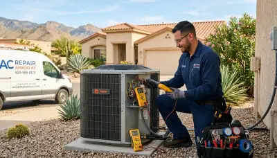 Professional AC repair service in Tucson AZ fixing residential air conditioning unit