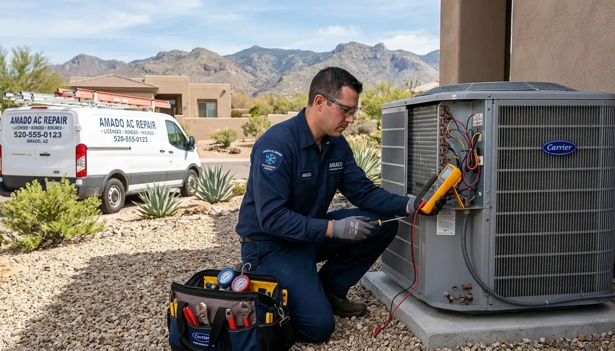 Professional AC repair technician servicing residential air conditioner in Tucson AZ