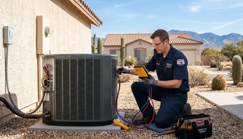 Professional AC repair technician servicing air conditioner unit in Tucson AZ