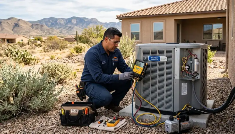 Professional AC repair technician servicing air conditioner unit in Tucson AZ