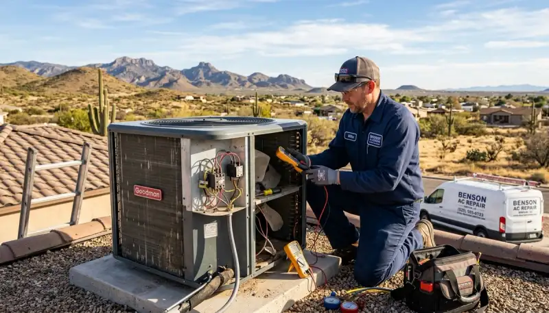 Professional AC repair technician servicing air conditioner unit in Tucson AZ