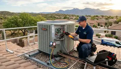 Professional AC repair technician servicing air conditioner unit in Tucson AZ home