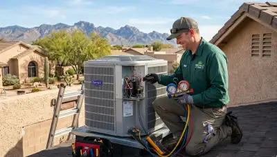 Professional AC repair technician servicing air conditioner unit in Tucson AZ
