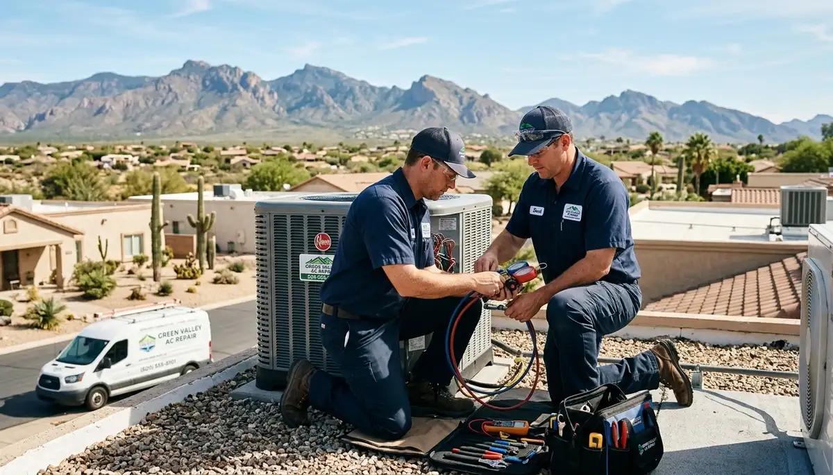 Professional AC repair technician servicing air conditioner unit in Tucson AZ