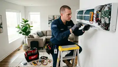 Technician performing AC repair service in Tucson AZ for home cooling system maintenance