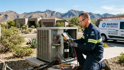 Professional AC repair technician servicing air conditioner in Tucson AZ home