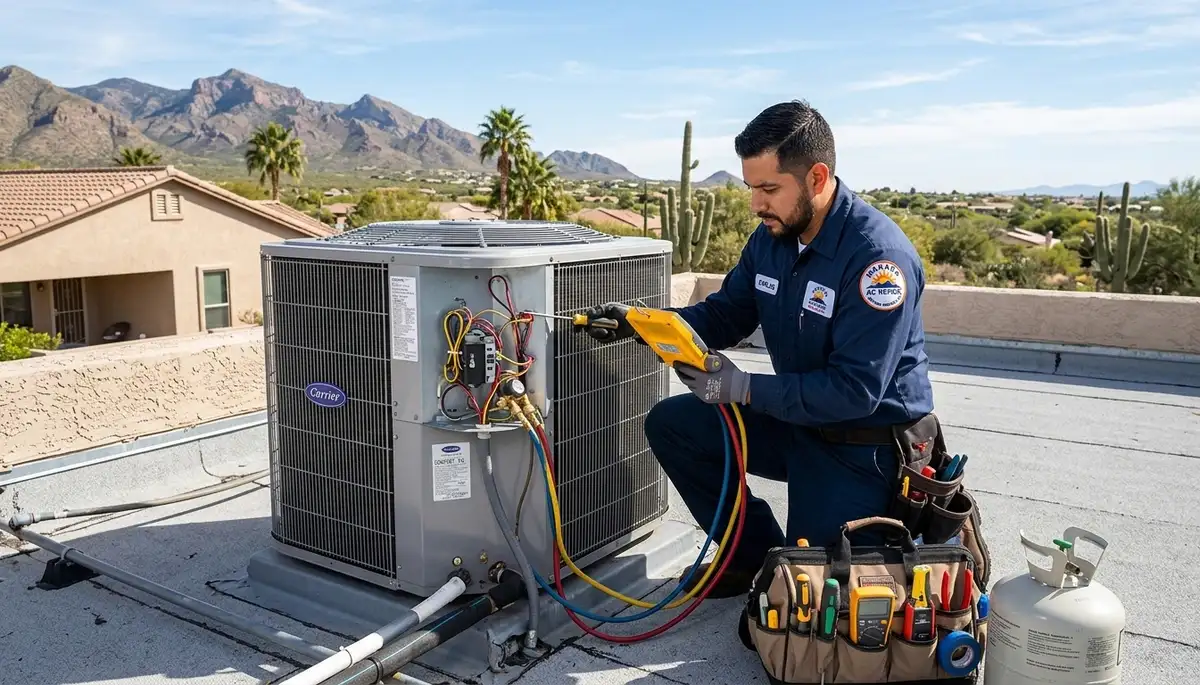 Professional AC repair technician servicing air conditioner unit in Tucson AZ