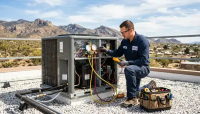 Professional AC repair technician servicing air conditioner unit in Tucson AZ home