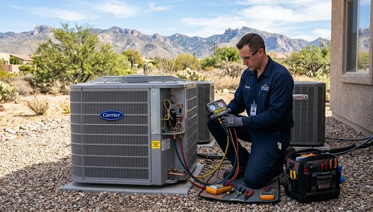 Professional AC repair technician servicing air conditioner unit in Tucson AZ