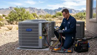 Professional AC repair technician servicing air conditioner unit in Tucson AZ