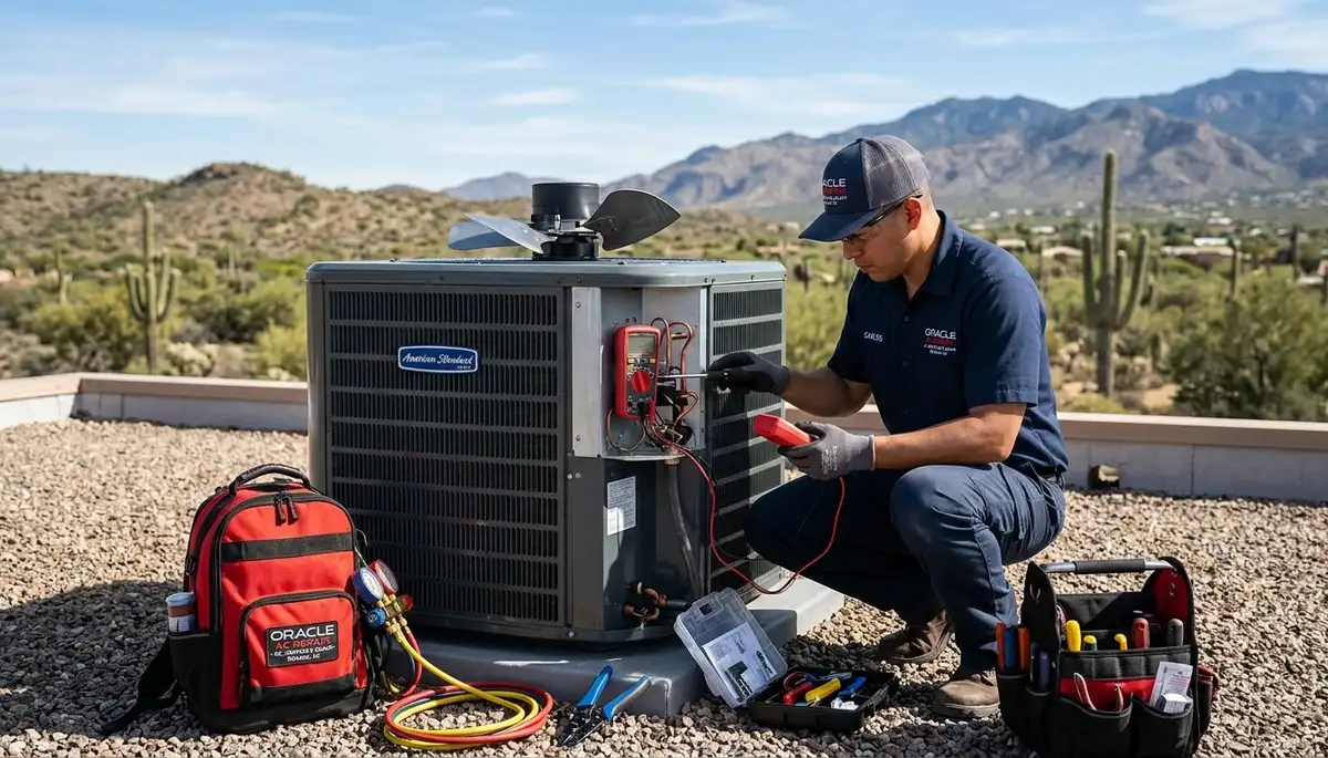 Professional AC repair technicians servicing residential units in Tucson AZ
