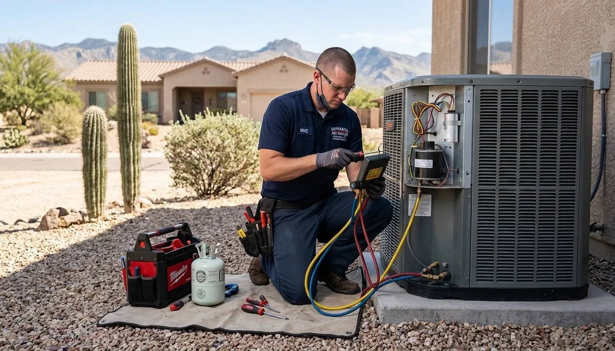 Professional AC repair technician servicing residential air conditioner in Tucson AZ