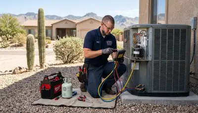 Professional AC repair technician servicing residential air conditioner in Tucson AZ