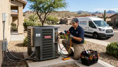 Professional AC repair technician servicing home air conditioner in Tucson AZ