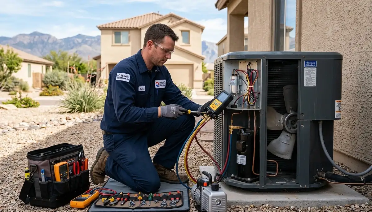Professional AC repair technician servicing air conditioner unit in Tucson AZ home