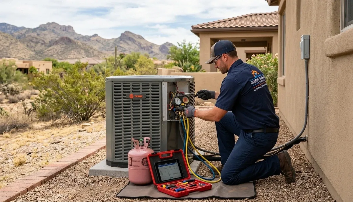 Professional AC repair technician servicing air conditioner unit in Tucson AZ home