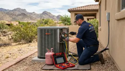 Professional AC repair technician servicing air conditioner unit in Tucson AZ home