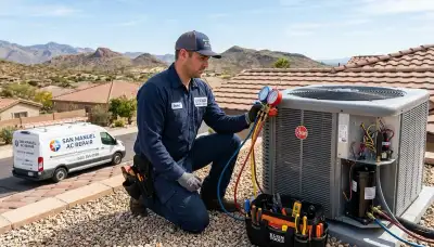 Professional AC repair technician servicing air conditioner unit in Tucson AZ