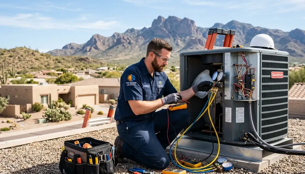 Professional AC repair technician servicing air conditioner unit in Tucson, AZ