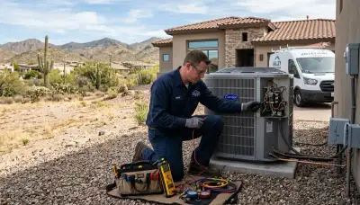 Professional AC repair technician servicing air conditioner unit in Tucson AZ