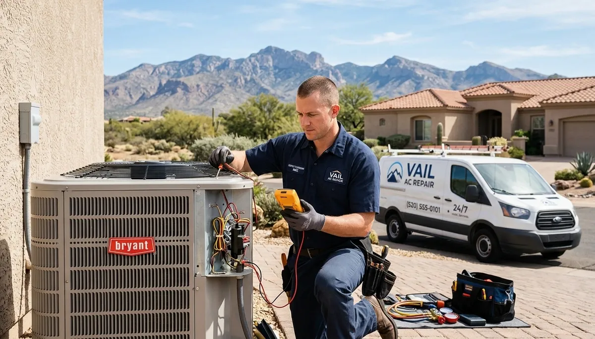 Professional AC repair technician servicing air conditioner unit in Tucson AZ home