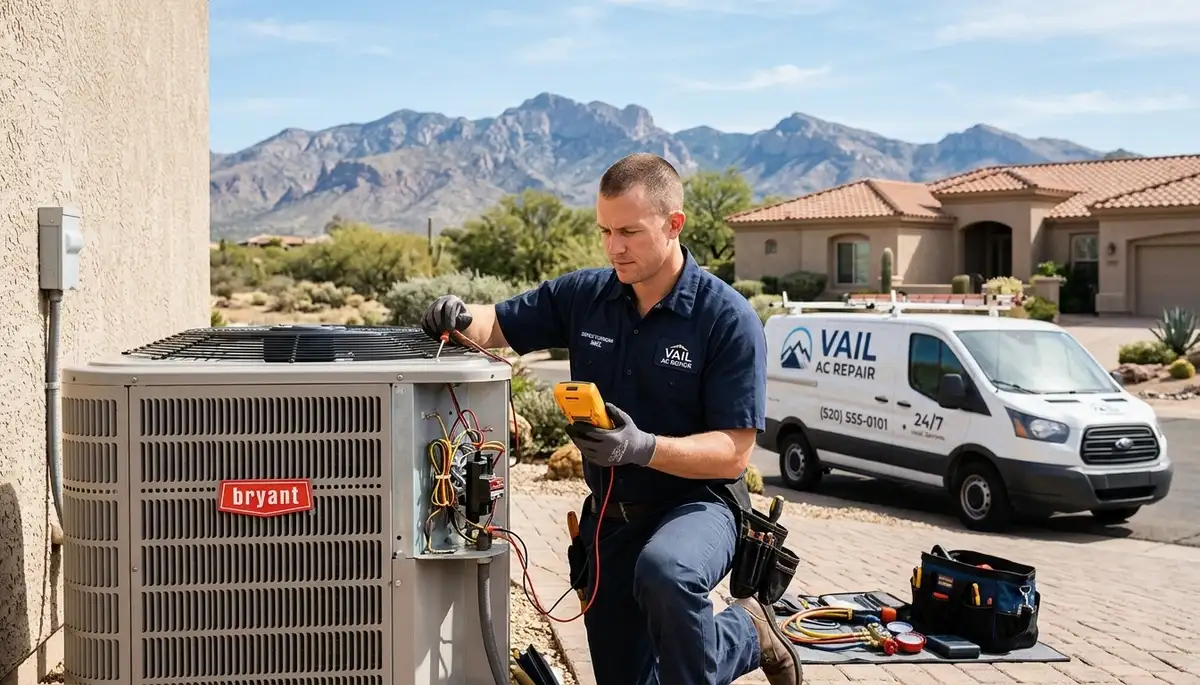 Professional AC repair technician servicing air conditioner unit in Tucson AZ home