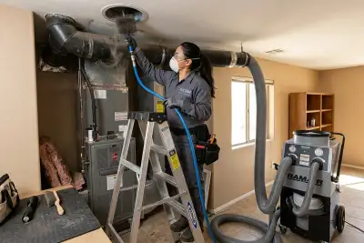 Technician cleaning air ducts with vacuum equipment at Tucson AZ home for AC repair and HVAC maintenance