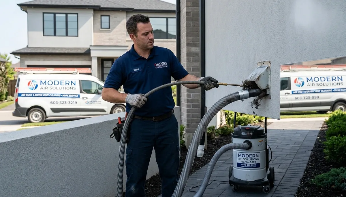 Technician performing professional dryer vent cleaning at Tucson, AZ home for Five Star Cooling