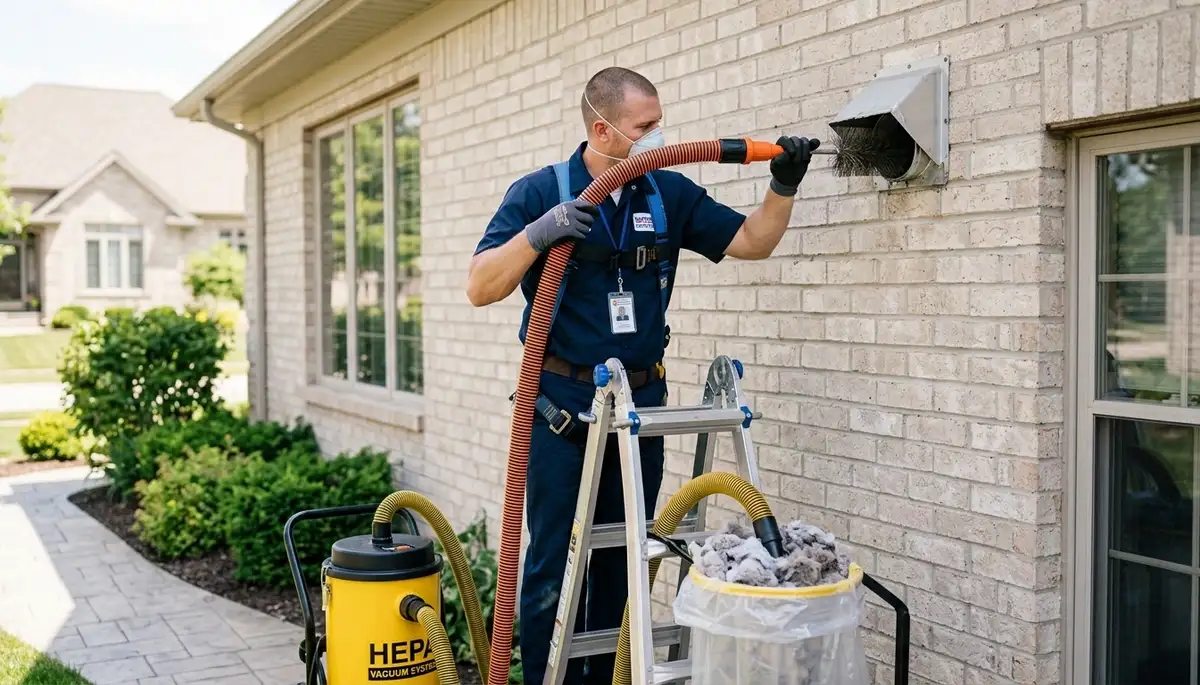 Technician cleaning residential dryer vent in Tucson AZ for Five Star Cooling efficiency service