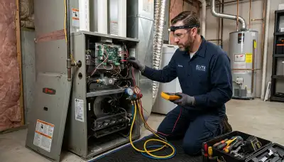 Technician performing furnace repair service in Tucson AZ for Five Star Cooling heating system experts