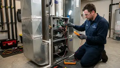 Technician performing furnace repair in Tucson AZ for Five Star Cooling heating service