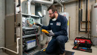 Technician performing heating repair on furnace in Tucson AZ home for Five Star Cooling