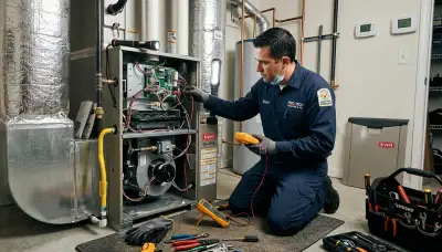 Technician performing heating repair on residential HVAC system in Tucson AZ home