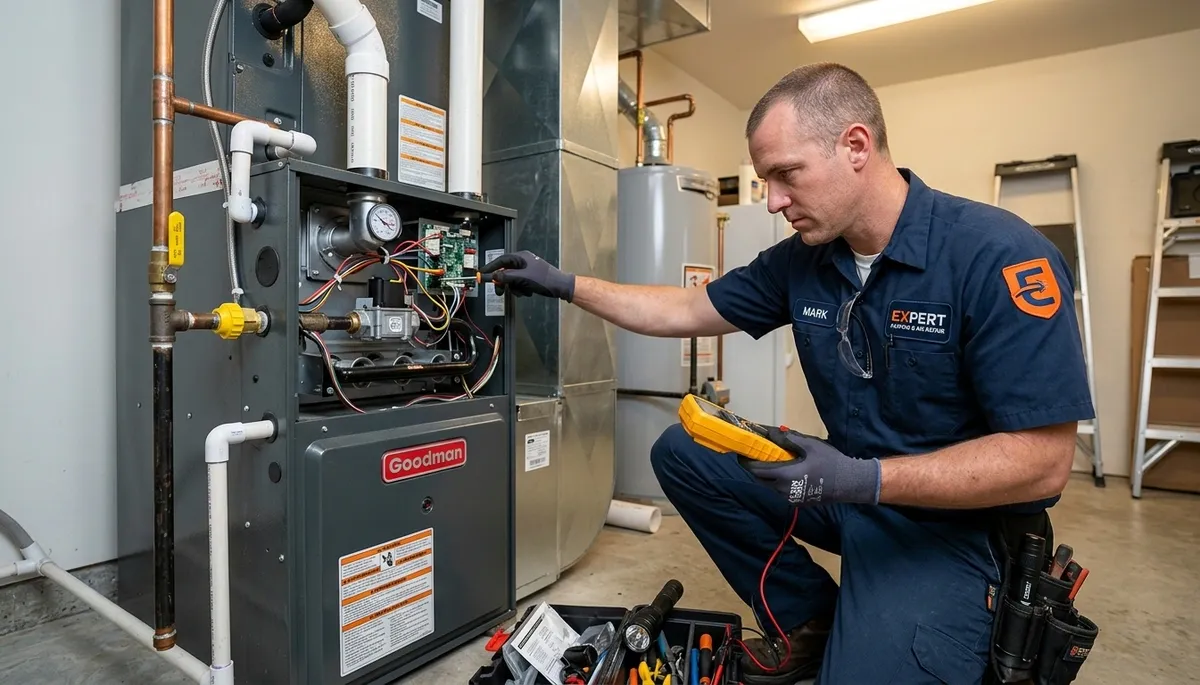 Technician performing heating repair on home furnace in Tucson AZ for Five Star Cooling