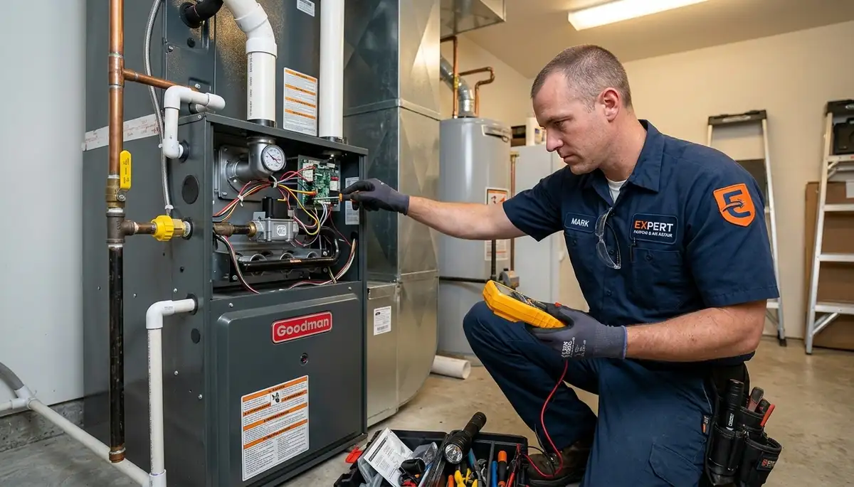Technician performing heating repair on home furnace in Tucson AZ for Five Star Cooling
