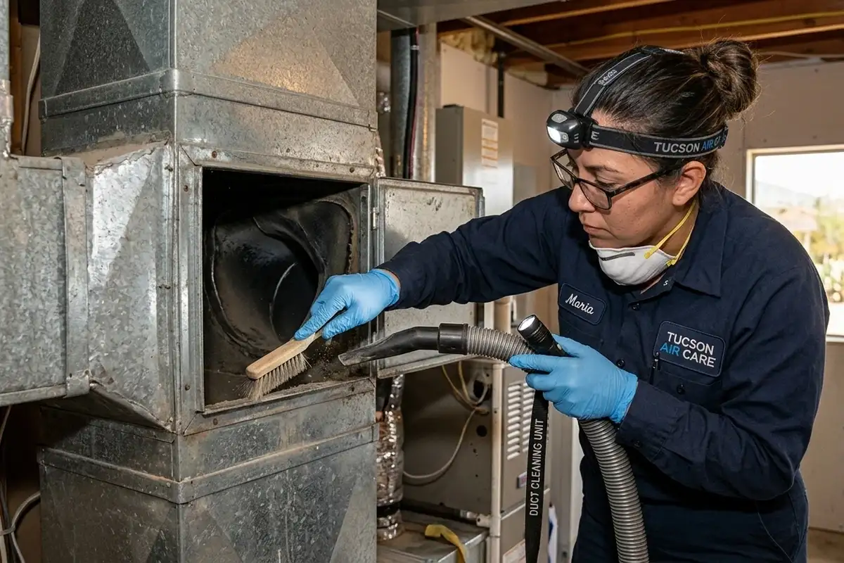 Technician cleaning air ducts with precision at Tucson AZ home to improve HVAC efficiency and air quality