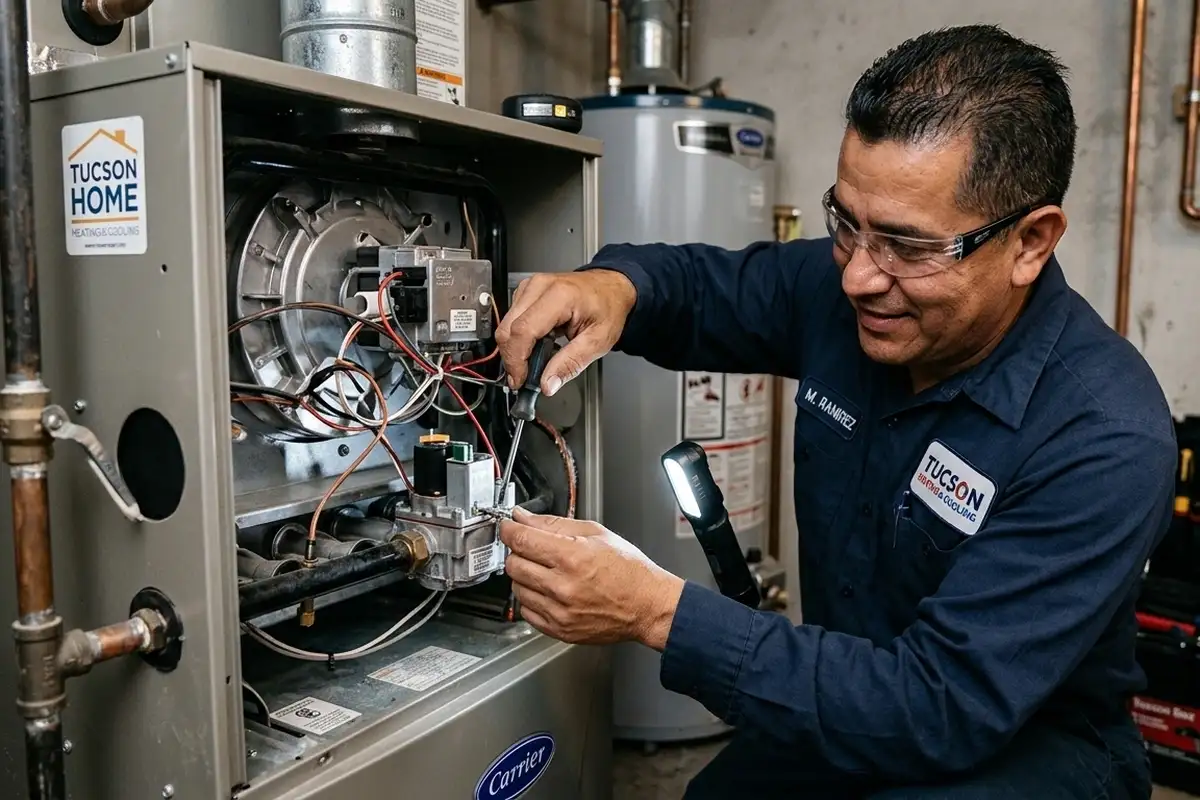Technician performing precise furnace repairs in Tucson AZ for expert heating system service