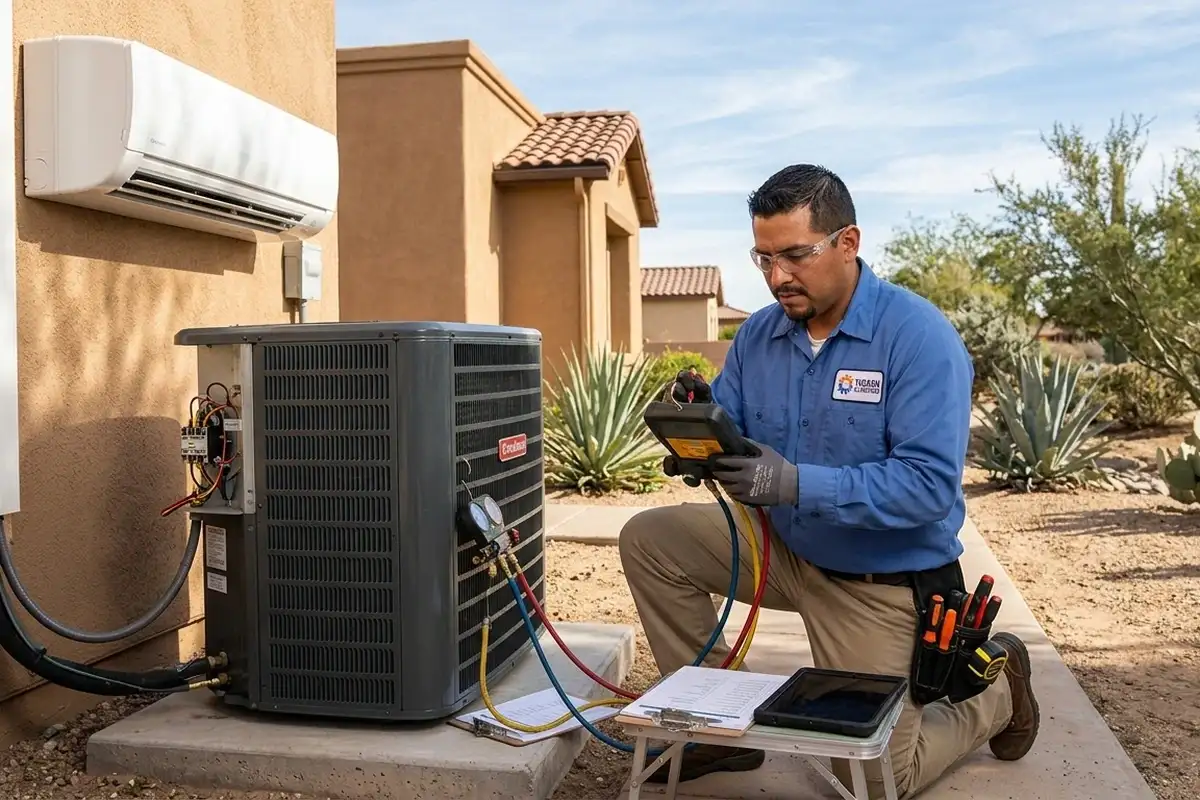 Technician testing repaired AC system for quality and performance at Tucson, AZ home