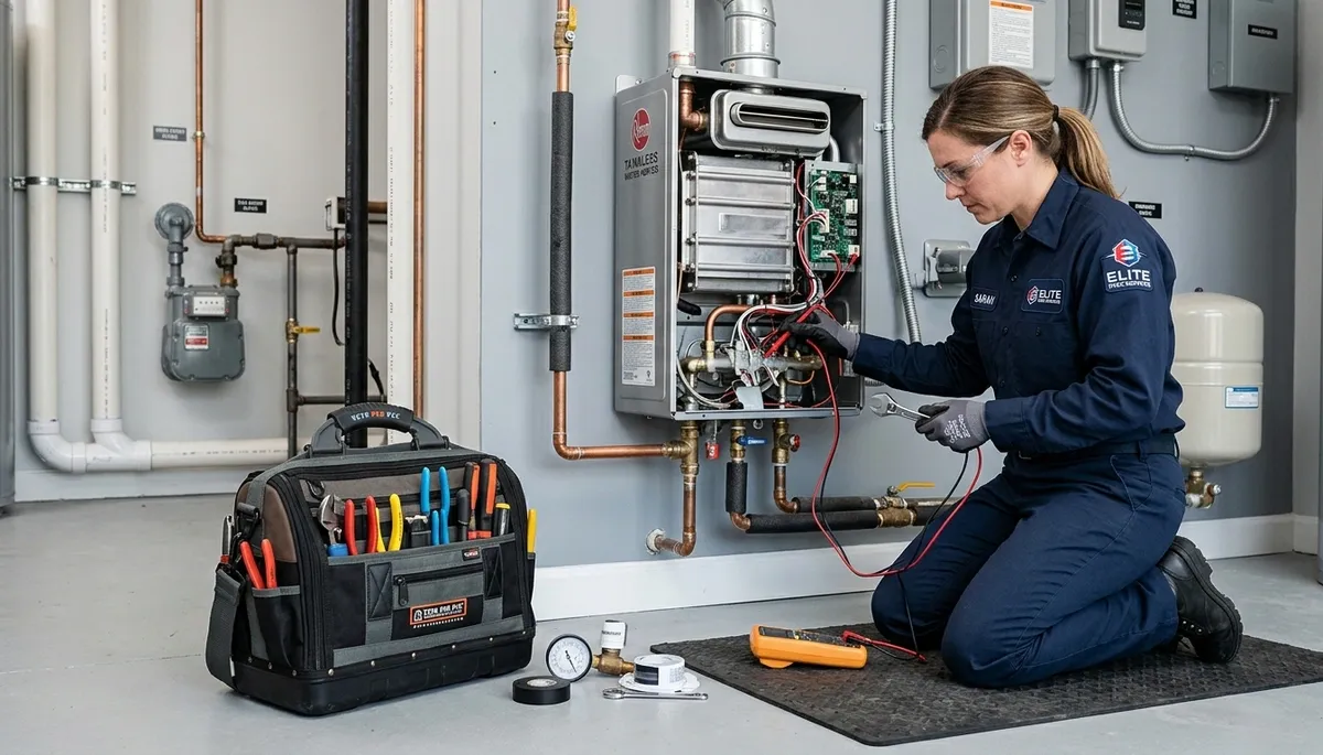 Technician repairing residential water heater in Tucson AZ for Five Star Cooling service page
