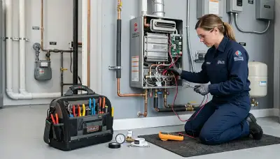 Technician repairing residential water heater in Tucson AZ for Five Star Cooling service page
