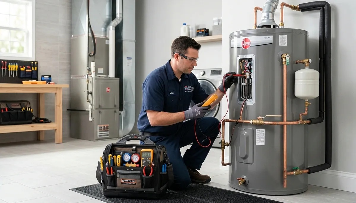 Technician repairing residential water heater in Tucson AZ for Five Star Cooling service page
