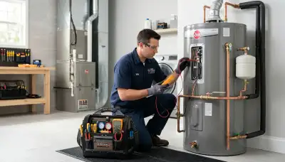 Technician repairing residential water heater in Tucson AZ for Five Star Cooling service page