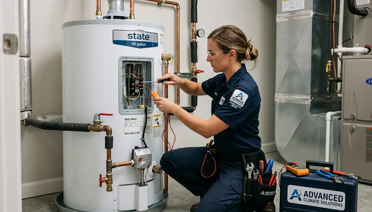 Technician performing water heater repair in Tucson AZ for Five Star Cooling homeowners